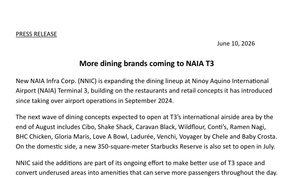 aeojose's tweet photo. NNIC, operator of NAIA, is expanding its dining lineup with new restaurants set to open at Terminal 3 by August. @bworldph https://t.co/IorIyk7RuT