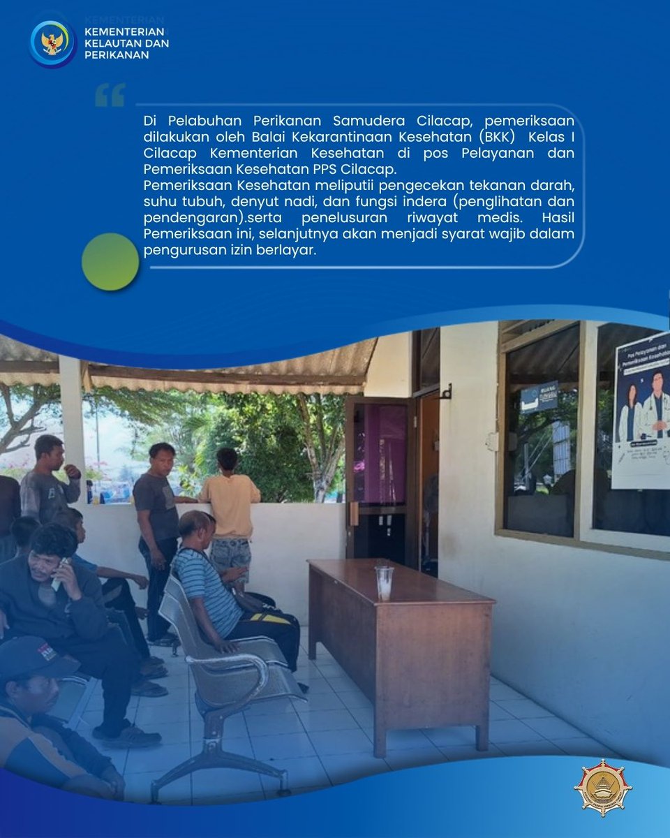 ppscilacap's tweet photo. PPS Cilacap (10/6/2026) #SahabatBahari Pemeriksaan kesehatan sebelum melaut bagi awak kapal perikanan adalah syarat wajib untuk memastikan keselamatan pelayaran, memverifikasi kelayakan fisik kru, dan mencegah risiko gangguan kesehatan selama beroperasi. https://t.co/GR7a5tKE9m