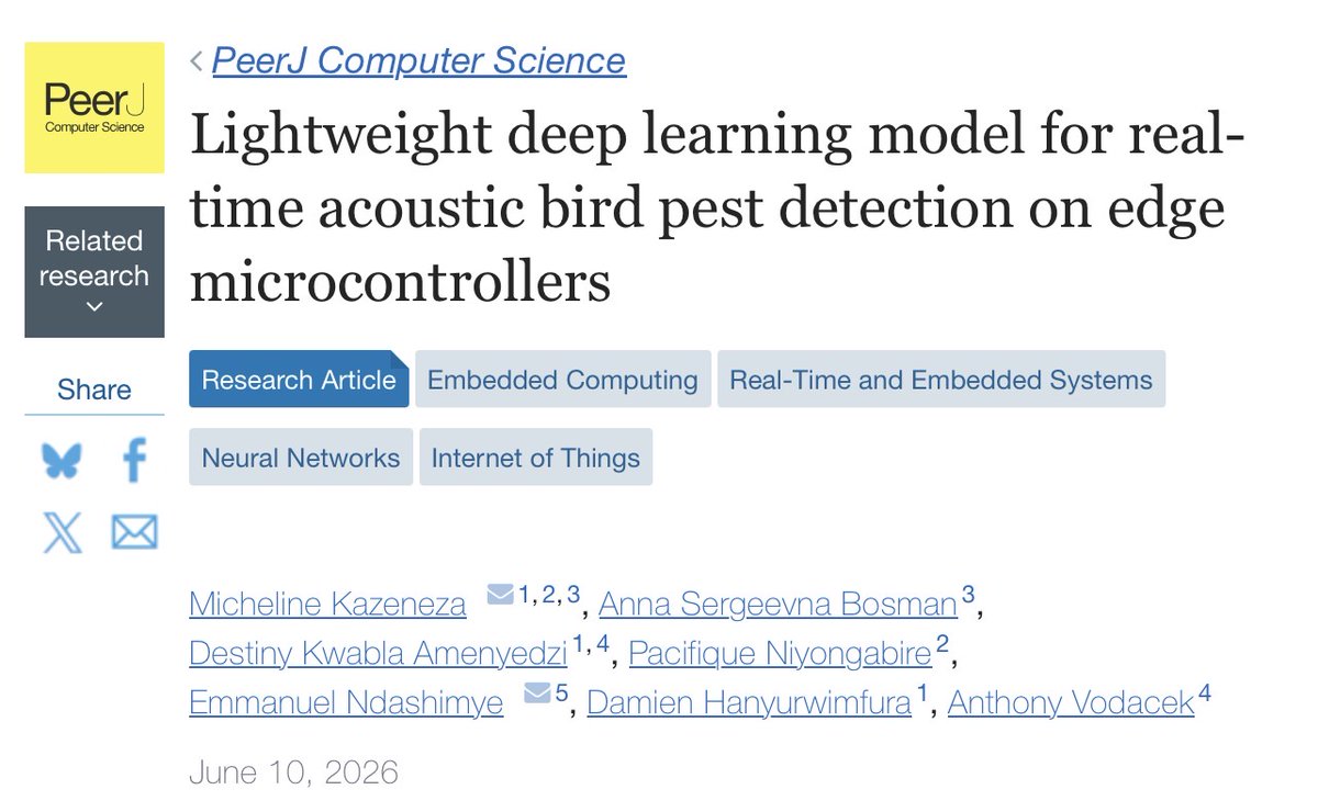 annaearwen's tweet photo. We deployed NNs on tiny microcontrollers to automate pest detection on small farms in Rwanda: article published today in @PeerJCompSci https://t.co/RtEt0KAoJE #EmbeddedComputing #Real-TimeandEmbeddedSystems #NeuralNetworks #InternetofThings https://t.co/RFrQDWVrls