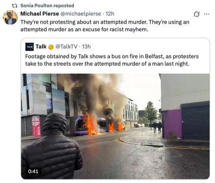 to10186's tweet photo. Sonia Poulton is sharing Tweets calling Belfast protesters "racists". 
Wait until these illegal migrant barbarians are raping and beheading on the nice leafy streets of Surrey instead of grim, northern, working-class areas and we'll hear a different tune, then. #stoptheboats https://t.co/cbkeWBBcU2
