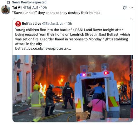 to10186's tweet photo. Sonia Poulton is sharing Tweets calling Belfast protesters "racists". 
Wait until these illegal migrant barbarians are raping and beheading on the nice leafy streets of Surrey instead of grim, northern, working-class areas and we'll hear a different tune, then. #stoptheboats https://t.co/cbkeWBBcU2