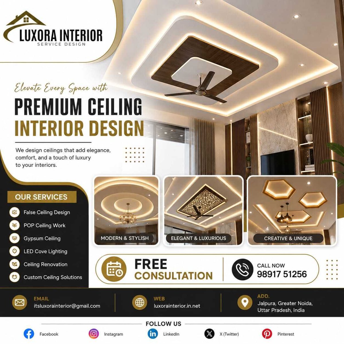 itsluxorainter's tweet photo. Luxora Interior ✨
✔ False Ceiling Design
✔ POP & Gypsum Ceiling
✔ LED Cove Lighting
✔ Custom Ceiling Solutions
📞 Free Consultation: 98917 51256
#CeilingDesign #InteriorDesign #FalseCeiling #HomeDecor #LuxoraInterior #LuxuryInteriors #DelhiNCR #GreaterNoida https://t.co/634QulA68n