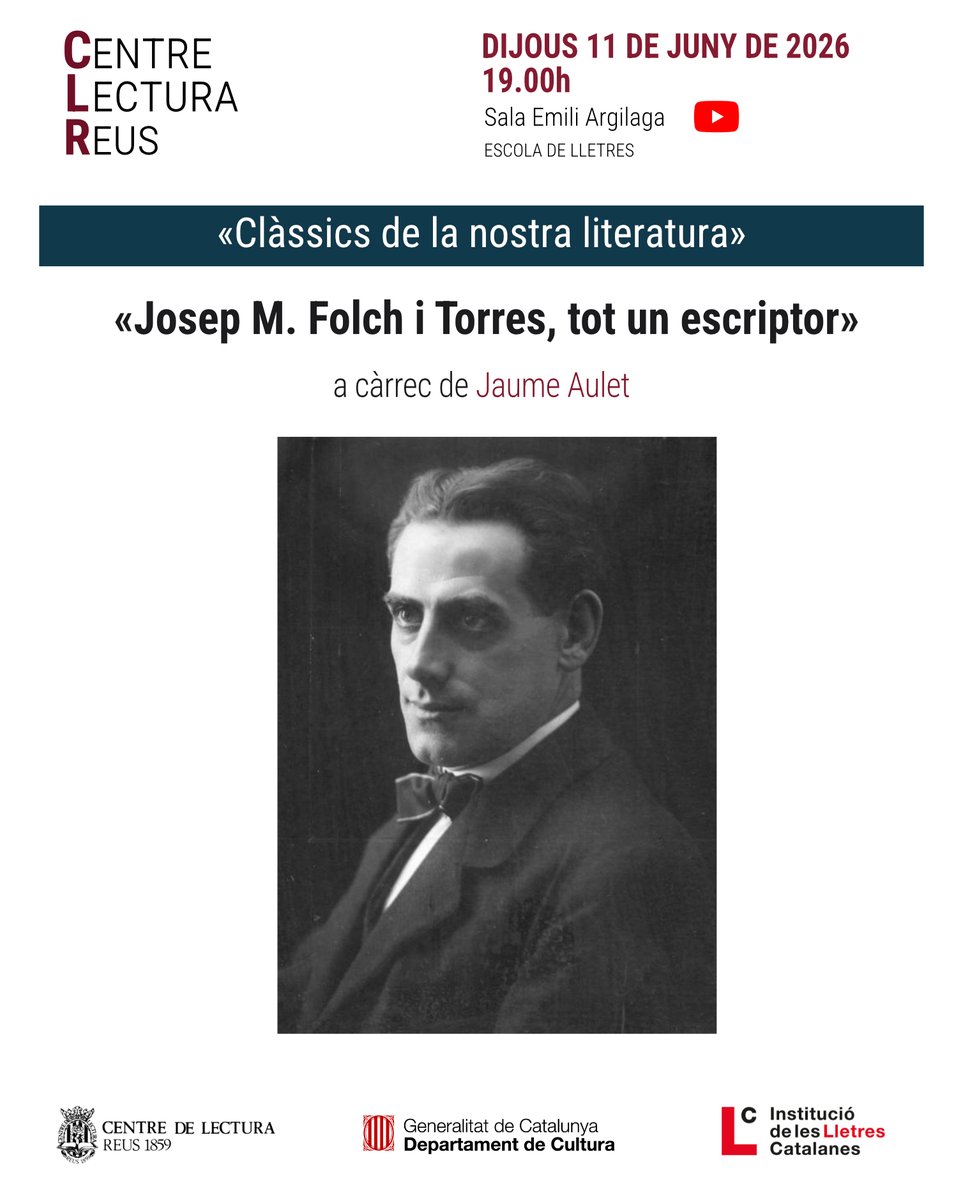 centredelectura's tweet photo. 📖 Aquest dijous 11 de juny, a les 19.00, clourem el cicle que hem dedicat als clàssics de la nostra literatura amb una conferència sobre Josep M. Folch i Torres, que impartirà Jaume Aulet #Reus #joproposo @AgendaCultura @lletres @ReusCultura @canalreus @FundFolchTorres https://t.co/DtN56doTMw