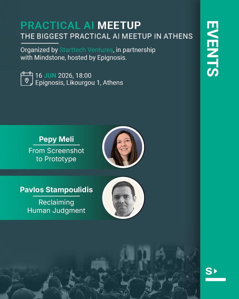 StarttechVC's tweet photo. Athens' biggest practical AI Meetup is back. 🤖

Organized by @StarttechVC x @MindstoneHQ, hosted by @epignosishq | June 26.

Speakers:
🗣️ Pepy Meli (@epignosishq)
🗣️ @pstampoulidis 

Spots limited:
https://t.co/LXreWaIWsO

#AI #Athens https://t.co/xLc9vVwUa4
