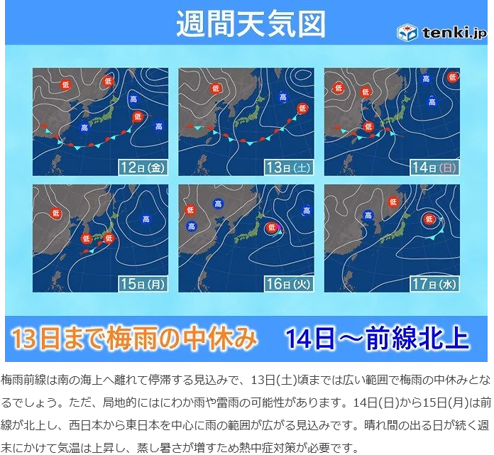 news_hiroba1's tweet photo. こんばんは🌙
梅雨前線は南の海上へ離れて停滞する見込みで明日も全国的に広く晴れそうです☀13日(土)頃までは広い範囲で梅雨の中休み、局地的にはにわか雨や雷雨の可能性がありますのでお気を付けください😊

梅雨の中休みは13日(土)まで　週末は蒸し暑さ増す　14日(日)以降は広く雨（日本気象協会） https://t.co/SREykMNK5S