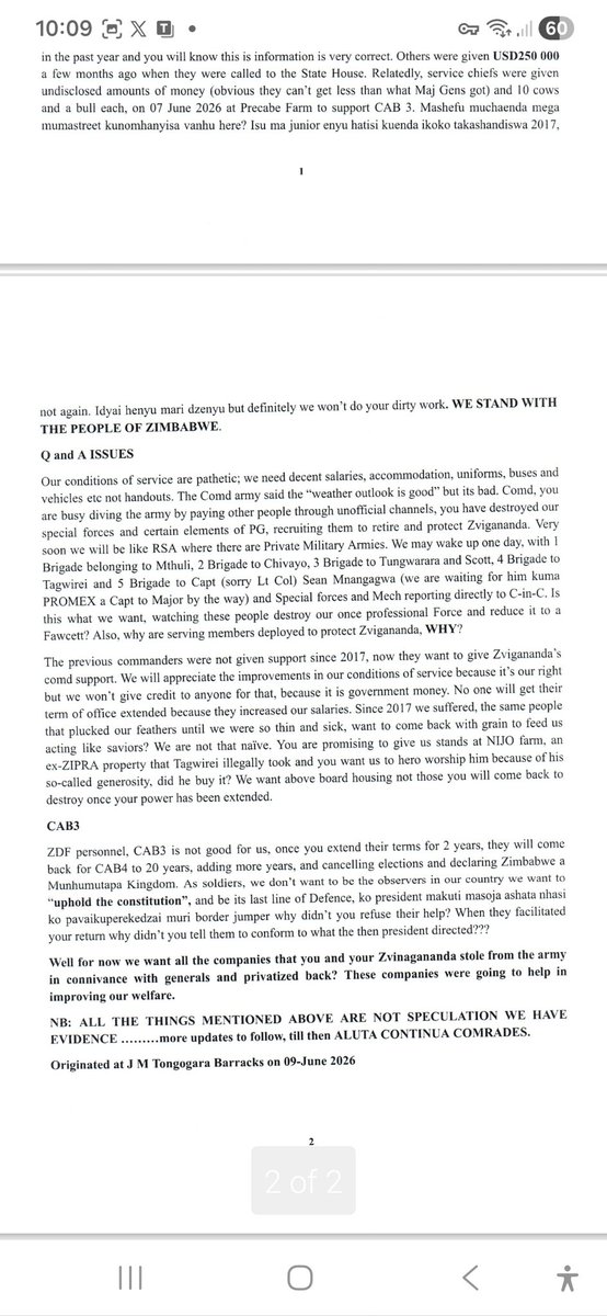 ChipoMusarurwaS's tweet photo. The Barracks have spoken! V11 scattered across Tongogara Barracks (JMT) soldiers are done being used for personal enrichment and unconstitutional games. Loyalty to the Constitution and the People of Zimbabwe, not one man. The Army is watching. Ignore at your own peril. https://t.co/xttxYnnvym