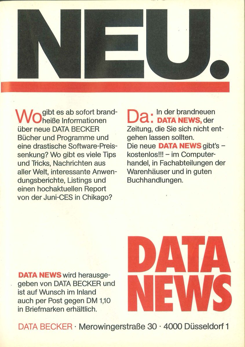 Retrojournal_de's tweet photo. 📬86 gab es noch keine Webseiten, keine Blogs und keine sozialen Netzwerke.
Wer wissen wollte, was bei DATA BECKER neu war, holte sich die kostenlose „DATA NEWS“ im Computerladen – oder bestellte sie für 1,10 DM per Post.
Firmware-Updates? Newsletter? RSS-Feeds? 😄
#DataBecker https://t.co/PPexsZQROa