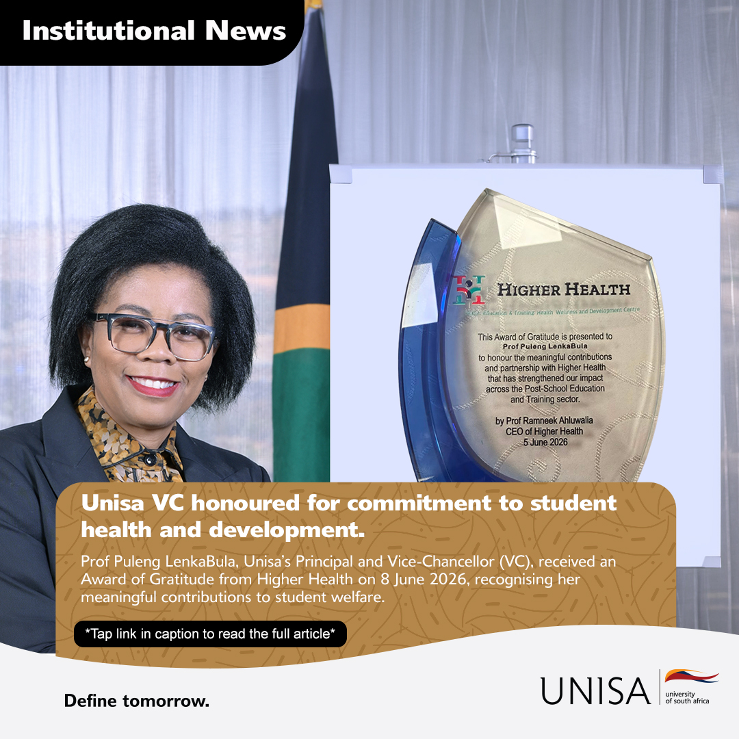 unisa's tweet photo. Prof Puleng LenkaBula, Unisa's Principal and Vice-Chancellor, received an Award of Gratitude from Higher Health on 8 June 2026, recognising her pioneering work in student wellness and psychosocial support. 

https://t.co/Ct912srpuU 

#Unisa150andBeyond https://t.co/0iAqHnM9HX