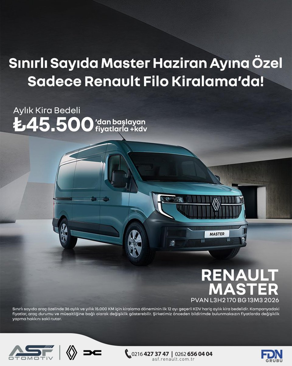 asfrenaultdacia's tweet photo. Haziran ayına özel filo kiralama fırsatları ASF Renault & Dacia’da!
Detaylı bilgi ve filo kiralama fırsatları için ASF Renault & Dacia ile iletişime geçin.
📞 0216 427 37 47 | 0262 656 04 04
#ASFRenaultDacia #RenaultMaster #RenaultTrafic https://t.co/rwUtZu4SSr