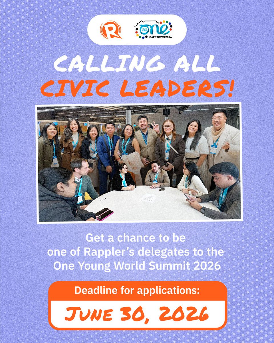rapplerdotcom's tweet photo. SUBMIT YOUR APPLICATION NOW! ✍️

Rappler will send four delegates to the One Young World Summit to network with international changemakers, take part in social impact, empower Filipino youth, and innovate for a brighter future. The summit will be in Cape Town, South Africa, from November 3 to 6.