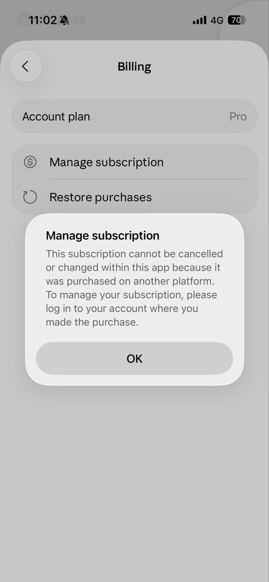 VegimHasani's tweet photo. @claudeai How is it possible that changing the subscription within the Claude native app is not allowed because “it was purchased on another platform”? Make it make sense. https://t.co/KQyjirLSHI