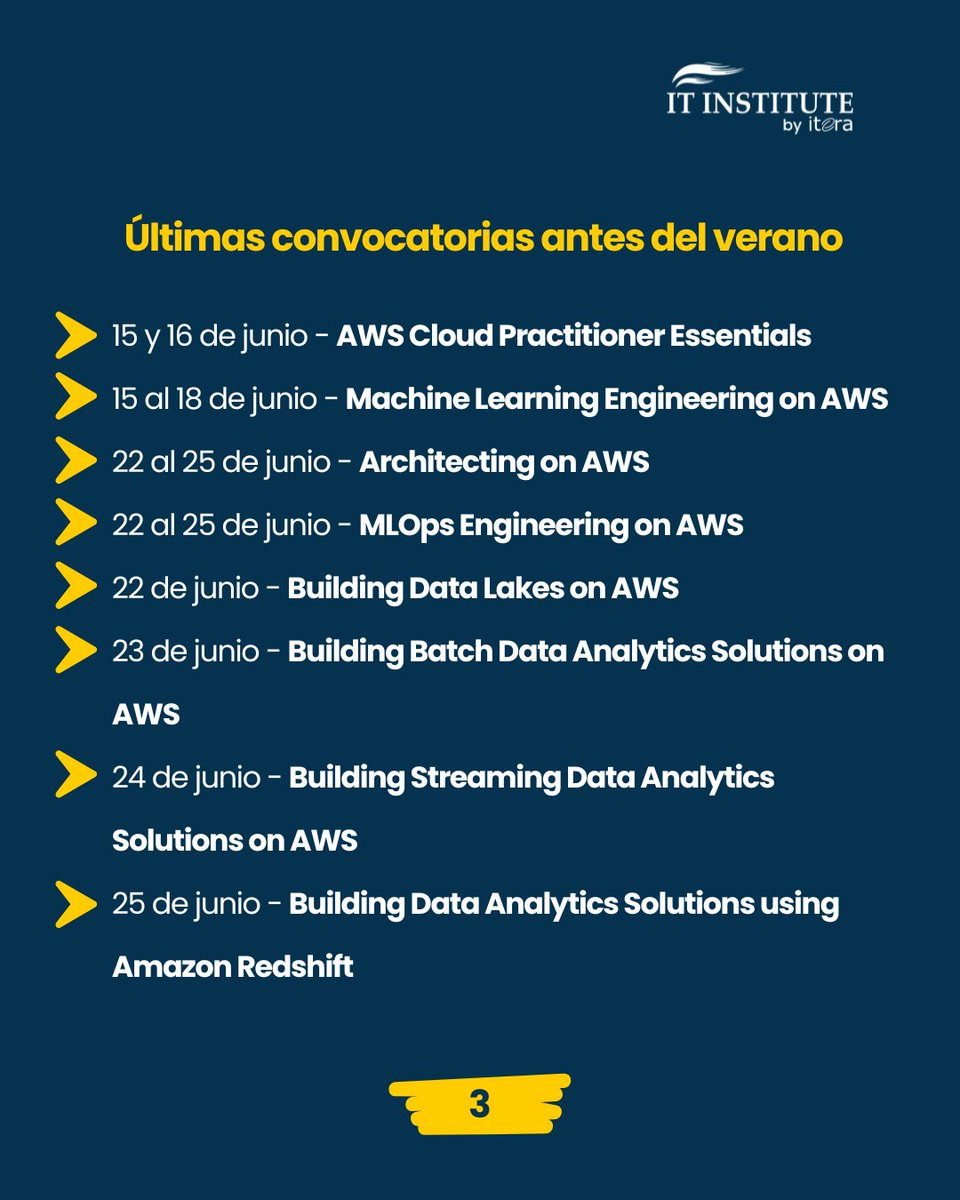 IteraProcess_ES's tweet photo. ¡Ya están abiertas nuestras próximas convocatorias de formación oficial AWS en Cloud, IA Generativa, Data, Machine Learning y DevOps!

☀️ Últimas fechas antes del verano y nuevas convocatorias para el segundo semestre.
📩 https://t.co/GSPFOc5HkA.mad@iteraprocess.com

#AWSTraining https://t.co/cARTG4dQ9i