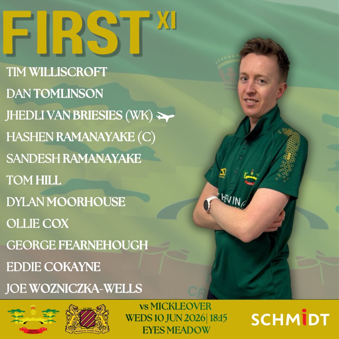 Duffieldcc's tweet photo. 💯 The 1st XI are in hundred ball action tonight, as the Jackson Cup takes place at Eyes Meadow! 

🍻 The bar will be open all night, so come down and support the lads as they hope to reach the quarter finals!

🤝 Lineups brought to you by Schmidt Derby!

Go well, all! 💚 https://t.co/ce8nUoPBtC