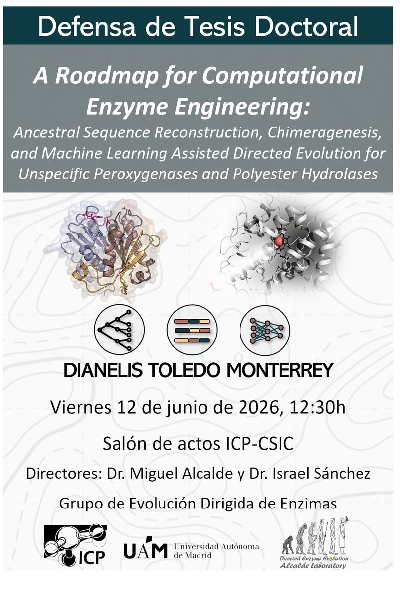 ICP_CSIC's tweet photo. 🎓 Nuestra compañera @Dianelis2  defiende su tesis doctoral! Nos contará cómo ha integrado métodos computacionales de ingeniería de proteínas, además de desarrollar y validar estrategias para generar y optimizar #enzimas para #biotecnología.

Más info ➡️ https://t.co/RbPkXniUYB https://t.co/lrA5XpjVV3