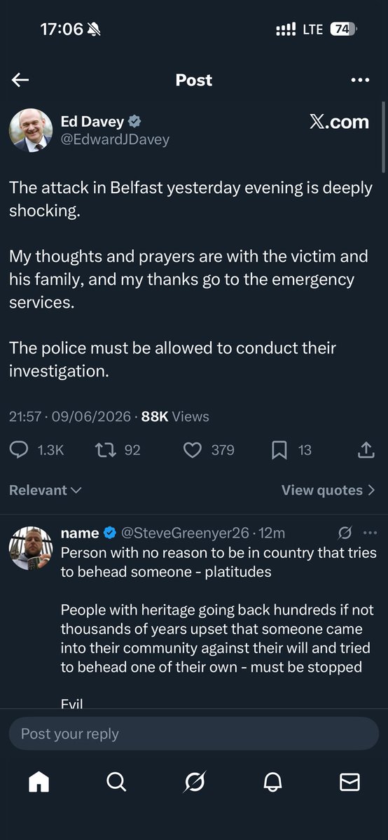 UnitedNE1's tweet photo. @EdwardJDavey Beheading someone in the street = deeply shocking 

People reacting in anger = horrifying. 

The only thing more out of touch than your take is pretending these issues just cancel each other out. https://t.co/tnjB4GJ8NR