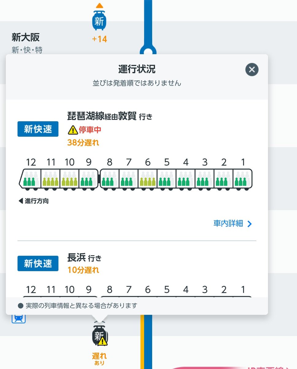Gramme's tweet photo. おー。敦賀行きさんまだ止まってはる･･･まあトイレに行けないほどぎゅーぎゅーではなさそう。そして新大阪から乗る快速も内側をのんびり走ります https://t.co/N1k4tBrVG6