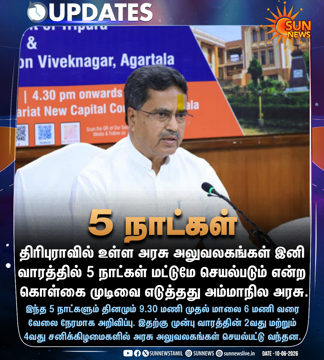 sunnewstamil's tweet photo. #NewsUptate | அரசு அலுவலகங்கள் செயல்பாடு.. திரிபுரா அரசு முக்கிய முடிவு

#SunNews | #Tripura | #Holidays https://t.co/LgPaaQvjbQ