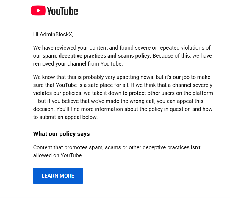 ExtraSibu96306's tweet photo. Hey @TeamYouTube, my channel 'AdminBlockX' was suddenly suspended by your automated bot under "Spam, Deceptive Practices, and Scams" policy. This is a huge mistake. I need a human specialist to manually review my content and channel.

Channel URL:- https://t.co/DGyAKkZ4Gz https://t.co/UYTJCzDpPU