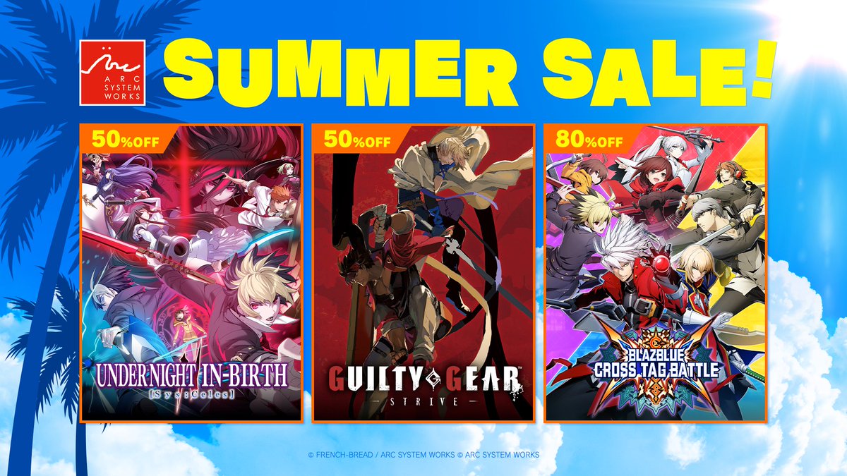ARCSY_PR's tweet photo. アークシステムワークス「Summer Sale」実施中🎮
格闘タイトルがお得にお買い求めいただけます！
📷『GUILTY GEAR -STRIVE-』50%OFF    
📷『UNDER NIGHT IN-BIRTH II Sys:Celes』50%OFF  
📷『BLAZBLUE CROSS TAG BATTLE』80%OFF  
#GGST #UNI2

↓詳細はこちら！↓ 
https://t.co/mGNsYnFgdl https://t.co/GYd7uwt406