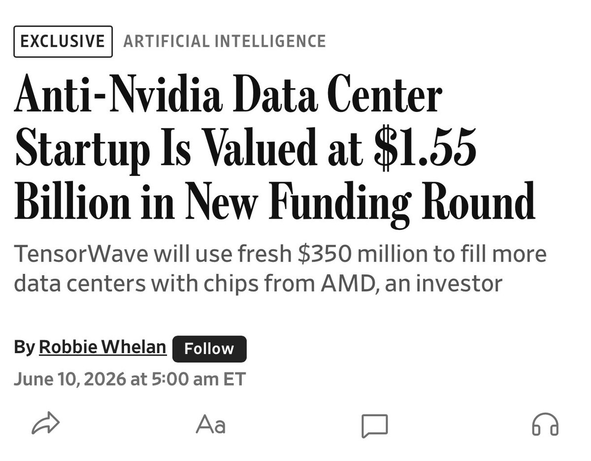 wallstengine's tweet photo. $AMD backed TensorWave raised $350M at a $1.55B valuation, nearly 4x its valuation from about a year ago, per WSJ.

The AI cloud startup refuses to use $NVDA chips and runs exclusively on AMD hardware/software.

TensorWave says it has signed 500MW of capacity and hopes to reach 2GW next year.