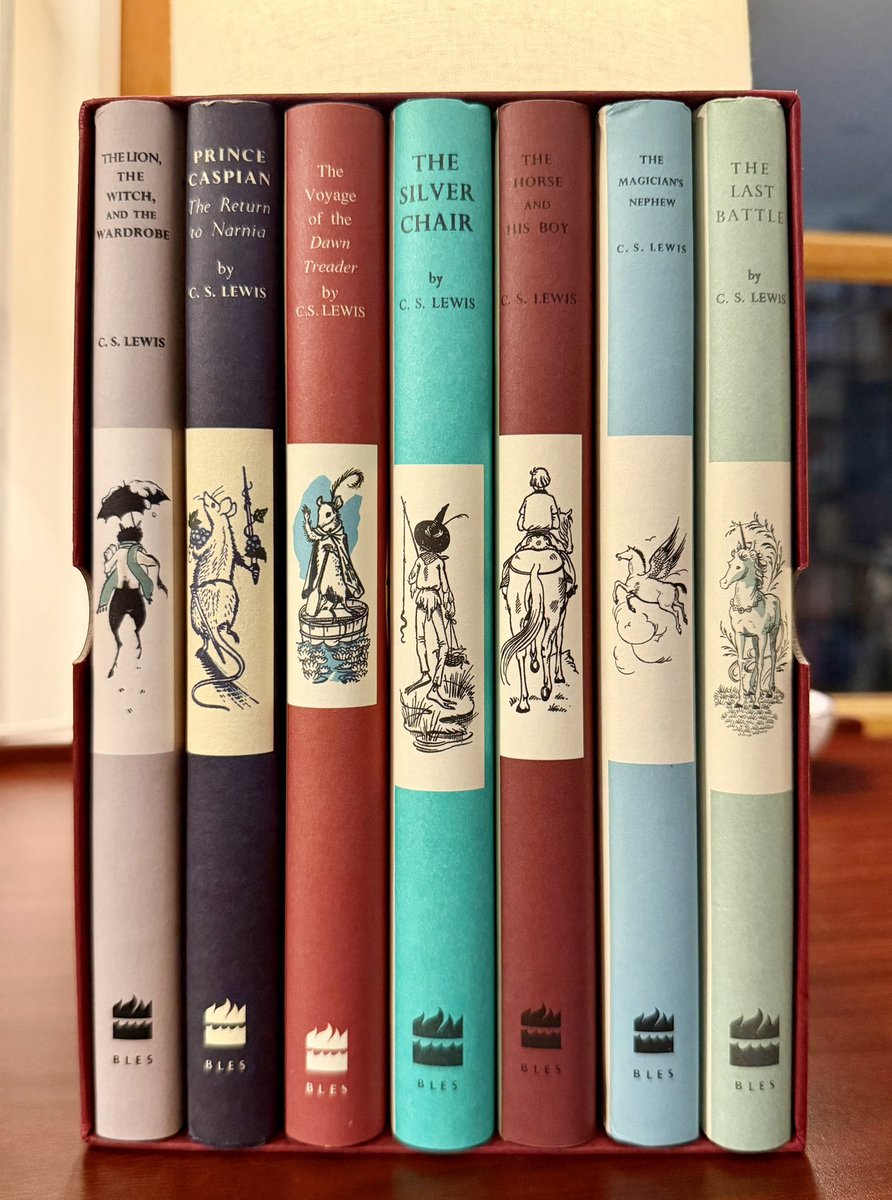 trad_poet's tweet photo. “I wrote this story for you, but when I began it I had not realized that girls grow quicker than books. As a result you are already too old for fairy tales, and by the time it is printed and bound you will be older still. But some day you will be old enough to start reading fairy tales again. You can then take it down from some upper shelf, dust it, and tell me what you think of it. I shall probably be too deaf to hear, and too old to understand a word you say, but I shall still be your affectionate Godfather, C. S. Lewis.”

I know Tolkien didn’t appreciate this Narnia business but I did, before I had even heard of The Hobbit. ‘The Lion the Witch and the Wardrobe’ was the first book that truly captured my childhood imagination. 

This set is a facsimile of the original works published by Geoffrey Bles (first 5 books) and The Bodley Head (final 2 books) - and are as hard to come across as the originals in this box set. 

Also really the last two should not have “Bles” under the Harper logo!