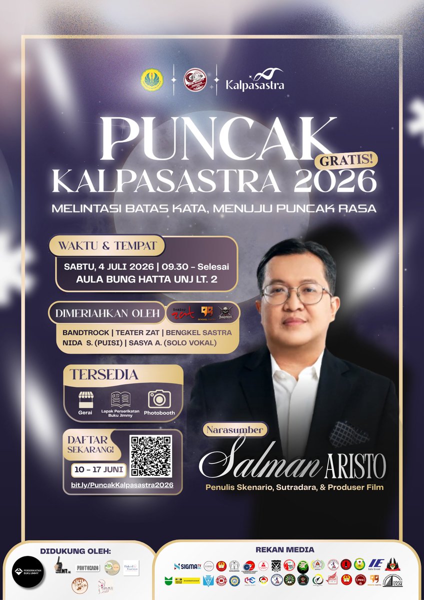 ERAFMUNJ's tweet photo. PUNCAK KALPASASTRA 2026 hadir!
Ngobrol seru seputar sastra bersama Salman Aristo (penulis skenario, sutradara, &amp; produser 
film), plus penampilan musik, puisi, teater, photobooth, dan lapak buku!
 4 Juli 2026
 UNJ
 GRATIS
Daftar: https://t.co/D4rJAgeqKS
#Kalpasastra2026 https://t.co/op57td6W5z