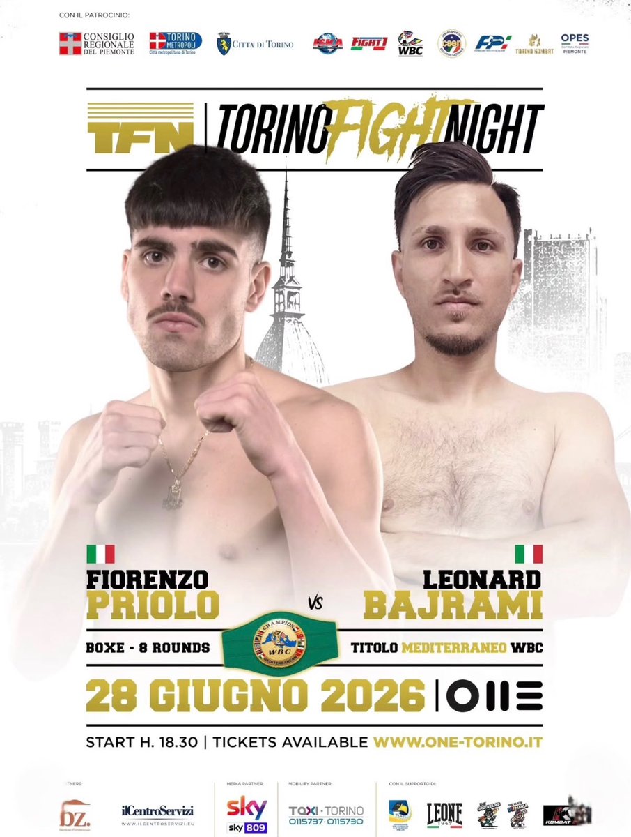 FPIBoxe's tweet photo. 🥊🔥 Torino Fight Night
🥊🏆 Mediterranean WBC Superlight
🏟️ Torino - 28/6/2026
🥊 Fiorenzo Priolo 🇮🇹 vs Leonard Bajrami 🇮🇹
🥊 Org Team Magnesi - A&B Events
#Boxing #Boxer #Pugilato https://t.co/DtHKfDGVCI