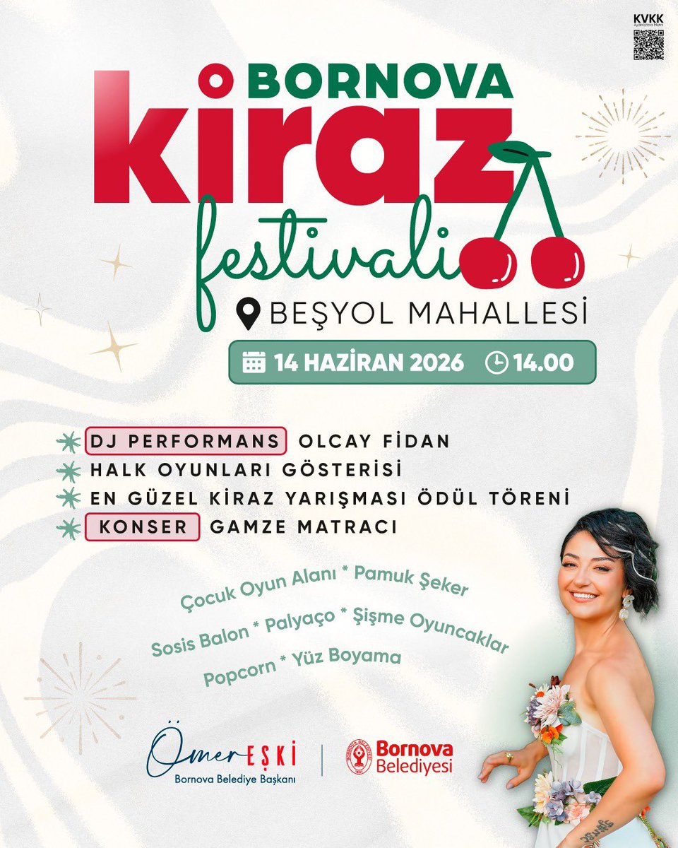 bornovabld's tweet photo. Bornova’mızın en güzel geleneklerinden Kiraz Festivali için buluşuyoruz! Konserlerden eğlenceli yarışmalara, halk oyunlarından çocuklar için gün boyu sürecek aktivitelere kadar festival coşkusunu birlikte yaşayacağız.

Sizleri bu keyifli pazar gününü paylaşmaya davet ediyoruz. 🍒 https://t.co/Gm7g9csVYD