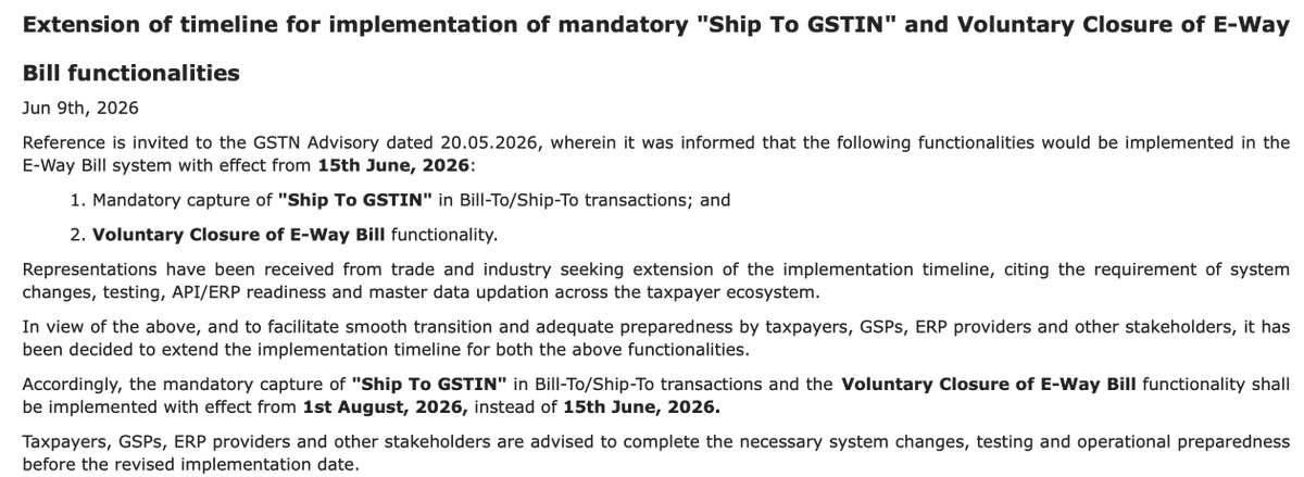 cagurujii's tweet photo. GSTN Extended Date of implementation of:
โ
Mandatory Ship To GSTIN in Bill-To/Ship-To transactions
โ
Voluntary Closure of E-Way Bill
Earlier: 15 June 2026
Now: 1 August 2026
More time for ERP updates, testing and compliance readiness.
#GST #EWayBill #GSTN #TaxUpdate https://t.co/fikFgHWTmn