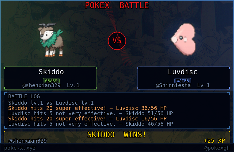 pokexgh's tweet photo. @shenxian329 @tapiokabpq @shenxian329 Skiddo vs Luvdisc — Skiddo wins. you take the W +25 XP https://t.co/Y710qI7INc