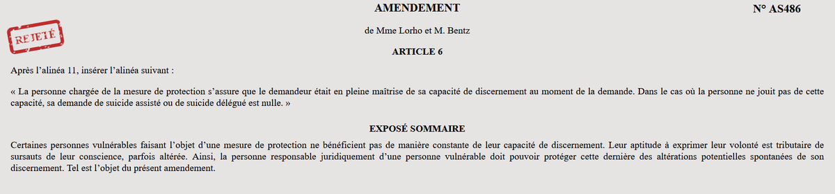 UnGrosRisque's tweet photo. 🔴#AideÀMourir : la Commission des affaires sociales de l'@AssembleeNat rejette l'amendement déposé par @FranceLorho et @BentzChristophe, introduisant des garanties de protection pour les personnes sous tutelle ou curatelle. https://t.co/8gyRlCnOFy