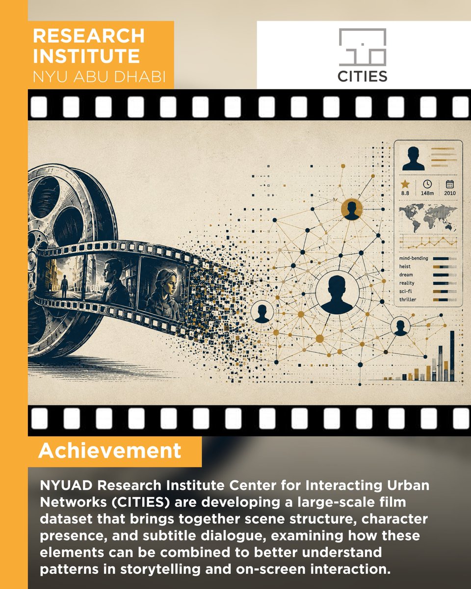 RINYUAD's tweet photo. 🎬✨ What if we could study films scene by scene? 📊

Researchers at CITIES created a dataset mapping 3,000+ films using IMDb and Amazon X-Ray 🎥

A new way to study storytelling and representation 

Learn more: https://t.co/jRfQrBxDj0

@cities_nyuad https://t.co/QKvl0gfhtL