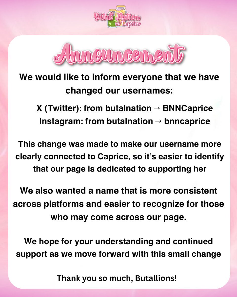BNNCaprice's tweet photo. A small change, but with a clearer purpose. 

We’ve officially updated our usernames to BNNCaprice to better reflect our support and dedication for Caprice. 🩷 https://t.co/a7oRZHT3so
