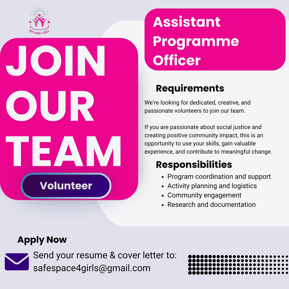 SS4Girls's tweet photo. We’re looking for a creative, committed, and passionate Assistant Programme Officer (Volunteer) to support our programs and community initiatives.

Be part of a movement advancing the rights, safety, and wellbeing of girls and young women.

See Flyer here for details.
#safespace https://t.co/jEdJCFigk7