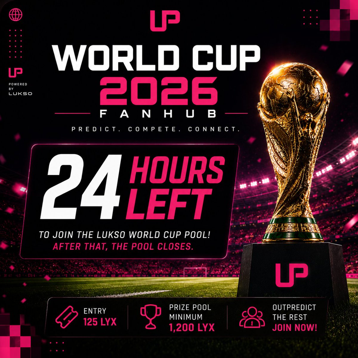 Onderkoffer90's tweet photo. ⏳ Only 24 hours left to join the LUKSO World Cup Pool!

Once the tournament kicks off, the pool closes and no new entries will be accepted.

Join now before it's too late. ⚽🔥

UP: https://t.co/077goxNiYv https://t.co/UK0kPsZguZ