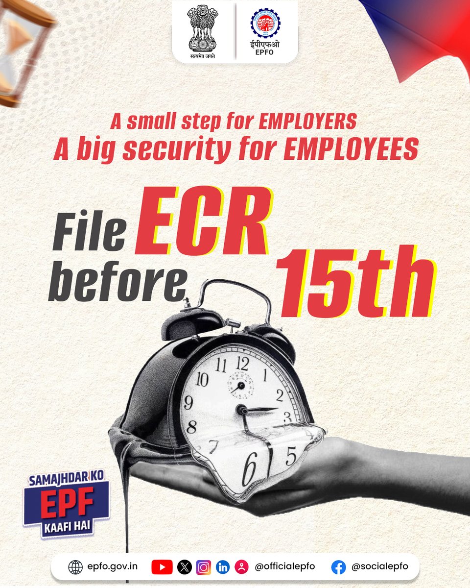 officialepfo's tweet photo. नियोक्ताओं का एक छोटा-सा, कदम कर्मचारियों और उनके परिवारों के लिए स्थायी सामाजिक सुरक्षा सुनिश्चित करता है।
इसलिए हर महीने 15 तारीख से पहले ईसीआर फाइल करना न केवल एक अनुपालन आवश्यकता है, बल्कि एक जिम्मेदारी भी है।
#EPFO #EPFOWithYou #HumHainNa #ECR https://t.co/bnrzbIFmbO