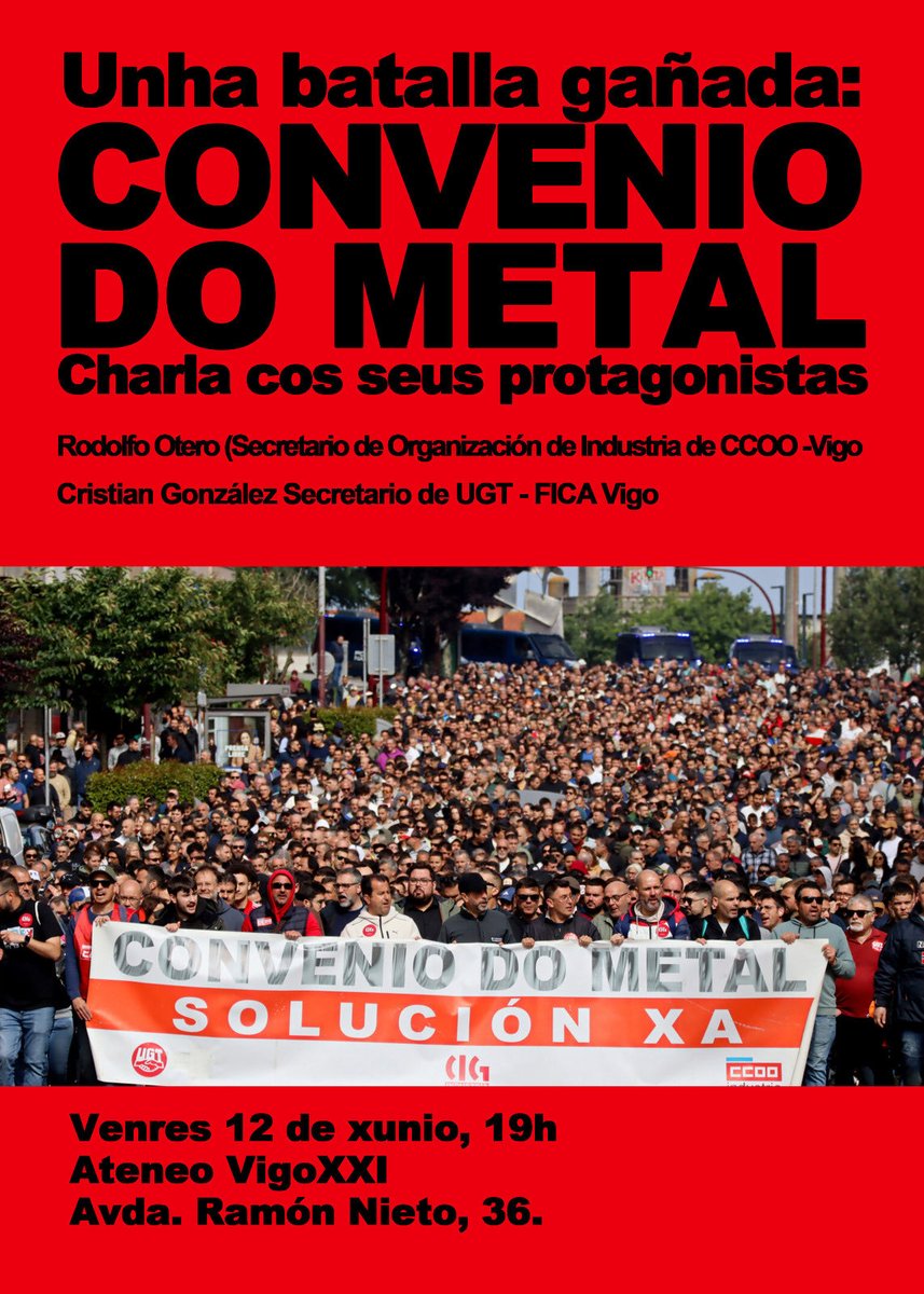 UCEspana's tweet photo. La huelga del metal en Vigo es la punta de lanza de numerosas movilizaciones obreras que están  recorriendo el país. Han logrado un aumento salarial de 15%. 

Unidad y organización, garantía de éxito. 

Vente el viernes a conocer a los protagonistas de esta lucha. https://t.co/BBlL2pGT3h