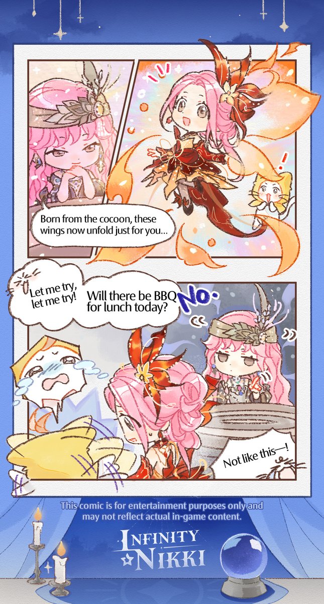 InfinityNikkiEN's tweet photo. ♾Infinity Tidbits | Fortune Revealed
Version 2.6: The limited-time Resonance events [In Fire's Embrace] and [In Stars' Silence] start tomorrow!

"Nikki, is it just me, or is the air extra sparkly today?"
"Now that you mention it... it does feel that way."
"Then today is bound to bring something wonderful!"

>> Fun Fact: While sneaking in a little break between deadlines, the artist stared at all those shining lucky moments on the canvas... and started hoping that maybe, just maybe, the next good thing was just around the corner.

[Infinity Tidbits] is here! Wishing all stylists endless good luck and bright, happy days ٩(๑•̀ω•́๑)۶

——
➤ Infinity Nikki Version 2.6 Until Tide Ends is now live worldwide!
➤ Download Now: https://t.co/soaPebzlY9
➤ Join us on Discord: https://t.co/QvZPw1gJOV
#InfinityNikki
#UntilTideEnds