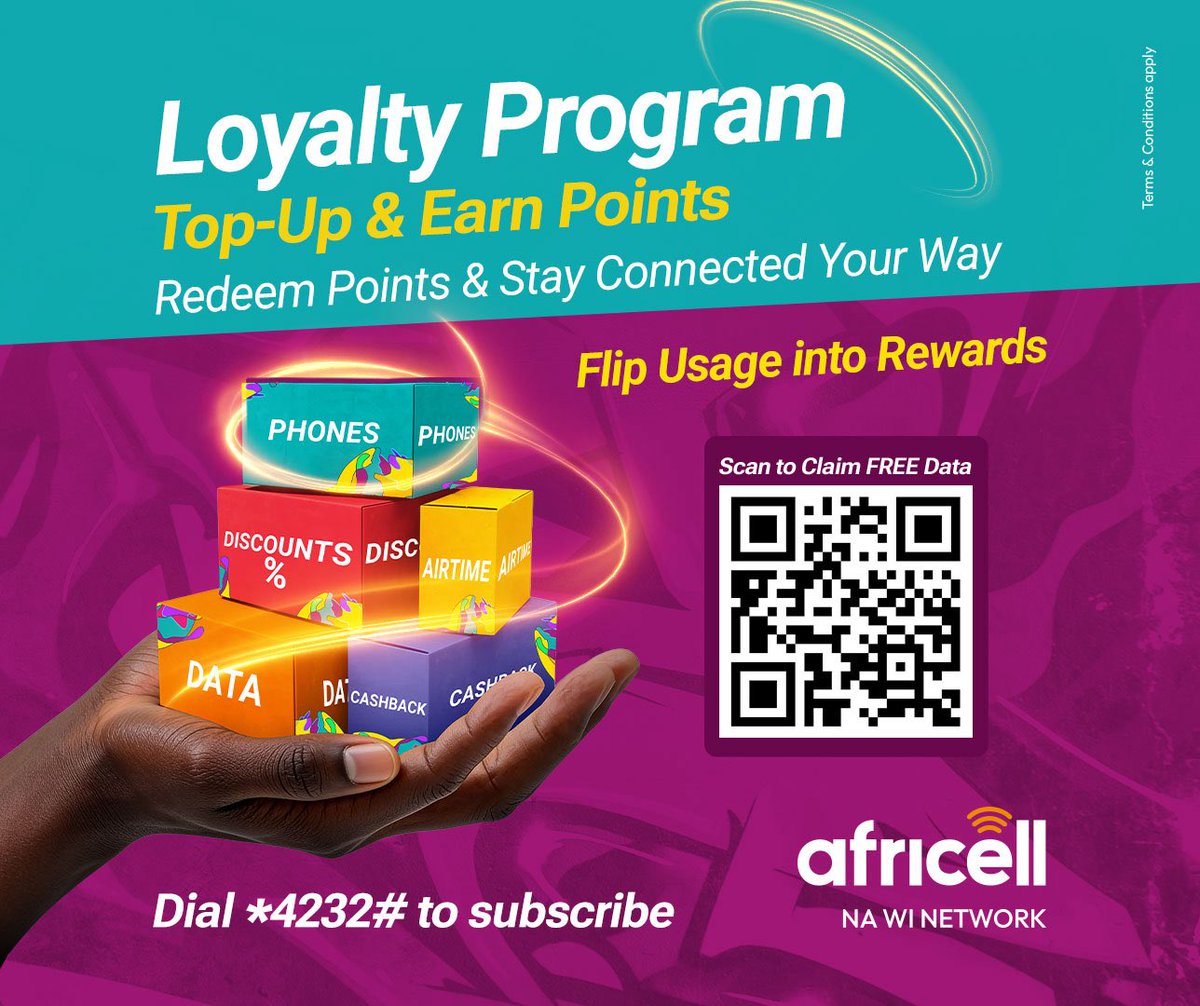 AfricellSalone's tweet photo. Our NEW Africell Loyalty Program, give you the chance to earn points every time you Top Up or use #Afrimoney 🤩.
You can then redeem those points for data📶, airtime📞, phones📱, discounts💸, and even cashback💰 and enjoy🙌🏾.
Dial *4232# now to join for FREE and start getting rewarded for your everyday usage with #Africell😉💜.
Terms & Conditions Apply🙏🏾.
#LoyaltyProgram
#AfricellSL
#DiNetwork4U
#SaloneTwitter
#SaloneX