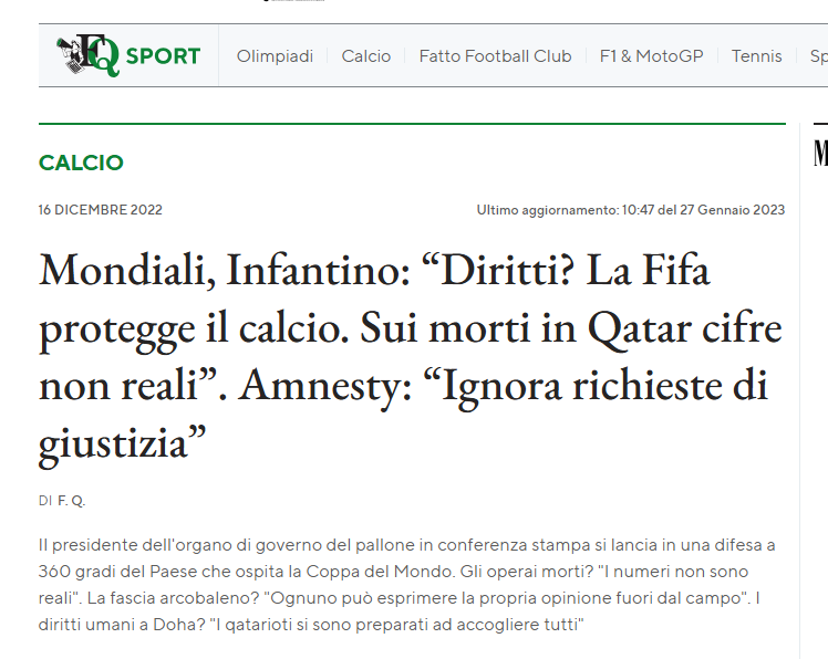 Moonlightshad1's tweet photo. Infantino, capo e padrone della FIFA, è quello che negò la strage di operai, si parlò di oltre 6000 morti sacrificati sull’altare dei mondiali in Qatar e disse che quei lavori erano motivo di orgoglio e dignità.
#mondiali https://t.co/uuGGZt90TI