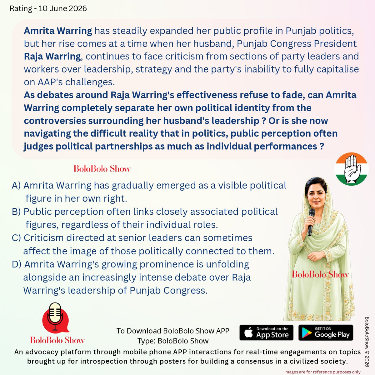 BoloBoloShow's tweet photo. Amrita Warring’s political profile continues to grow, but can she build an independent identity as questions persist around Raja Warring’s leadership? In politics, are leaders judged on their own performance, or on the perception of the team around them? @AmritaWarring @INCIndia https://t.co/EVJVZdMwMM