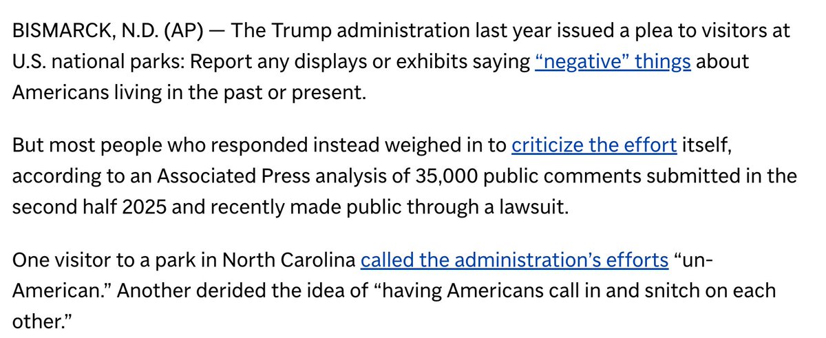 infodocket's tweet photo. From @APNews:
A Trump Order Asked National Park Visitors To Flag ‘Negative’ Historical Info. They Had Other Ideas"  

https://t.co/Dvomx03KAq

 #SaveOurSigns #USHistory #USNationalParks https://t.co/CUgCyydPtH