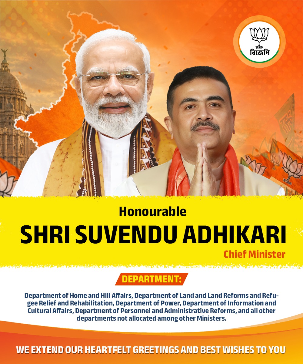 BJP4Bengal's tweet photo. Extending heartfelt greetings to Hon’ble Chief Minister Shri @SuvenduWB . Wishing continued success in leading key departments and strengthening public service and development across the state. https://t.co/0lfeOYxtUI