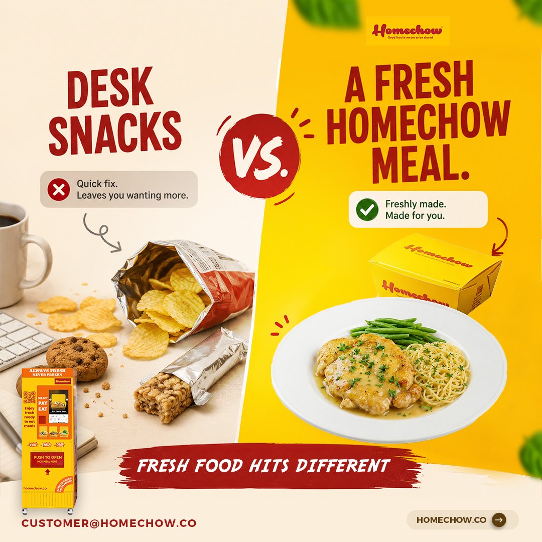 HomechowCo's tweet photo. That handful of biscuits, chips, or crackers might get you through the next 20 minutes... But when it's time for a real meal, nothing beats fresh, hot food made by local kitchens and stocked daily in your nearest Homechow kiosk.

Upgrade your lunch break today! https://t.co/q6nNrt3x1X