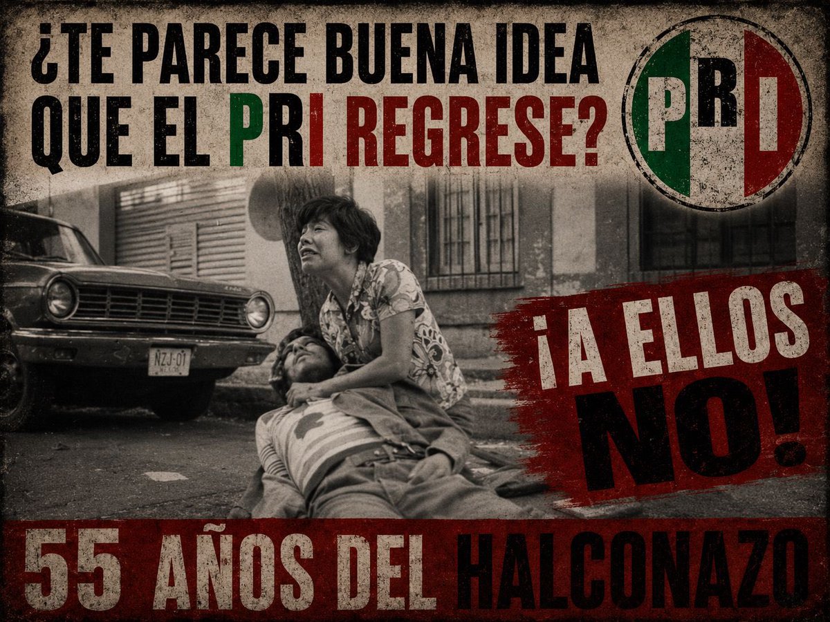 CarlosVZenteno's tweet photo. Yo no olvido el Halconazo. No olvido cómo el gobierno del PRI de Luis Echeverría reprimió y asesinó a jóvenes mexicanos cuyo único delito fue alzar la voz y exigir un país más justo.

Por eso duele ver que, entre la ignorancia, el oportunismo o el cinismo, todavía haya quienes pidan el regreso del PRI, el partido que durante décadas hizo de la represión, el autoritarismo y la violencia una forma de gobierno.

La memoria no es venganza, es una obligación histórica. Recordar el 10 de junio de 1971 es recordar a los estudiantes que fueron perseguidos, golpeados y asesinados por un régimen que le tenía miedo a la libertad.

Que nadie nos pida olvidar. Que nadie nos diga que no pasó. Porque mientras algunos intentan lavar la imagen del PRI, miles de mexicanas y mexicanos seguimos recordando a quienes fueron silenciados por uno de los episodios más oscuros de nuestra historia.

55 años del Halconazo. Ni perdón para los responsables, ni olvido para las víctimas.