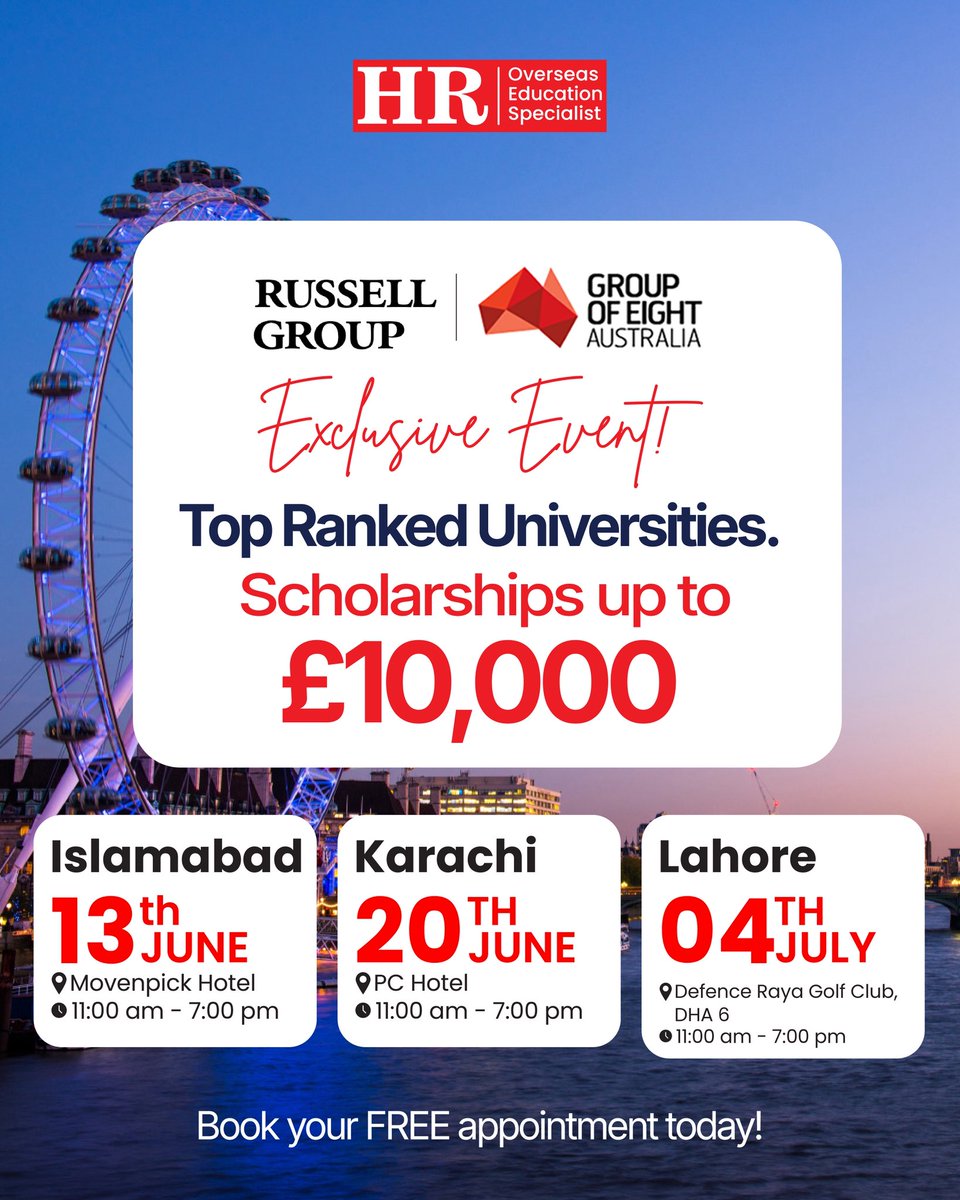 hrconsultantspk's tweet photo. Meet top-ranked UK Russell Group and Australian Group of Eight universities at our exclusive event!
Explore options and secure scholarships up to ยฃ10,000.
Islamabad: 13 June
Karachi: 20 June
Lahore: 04 July
Book your free slot with HR Consultants today.
#StudyInUK #StudyInAustralia #HRConsultants