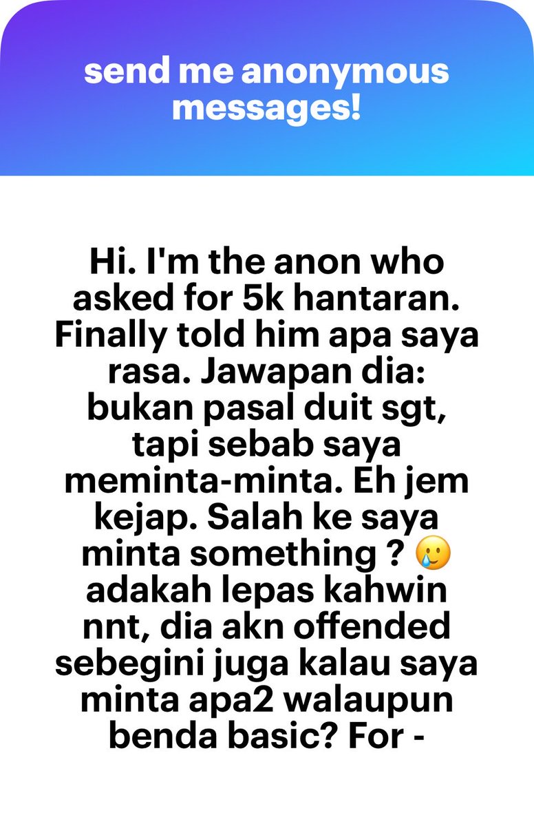 Cukifdesu's tweet photo. Katakanlah kalau dia jumpa ayah anon sekalipun, and ayah anon reject lamaran dia untuk kahwin dengan anon sebab dia tak mampu nak sewa low-cost flat (more like kedekut), rejection ayah anon itu valid dan munasabah.

Dia gold pun tak ada apa yang gold-diggernya. Anon kalau nak kenal dengan lelaki yang inshaAllah mungkin sedikit sebanyak boleh memenuhi permintaan anon, DM saya. Saya ramai kawan laki single.