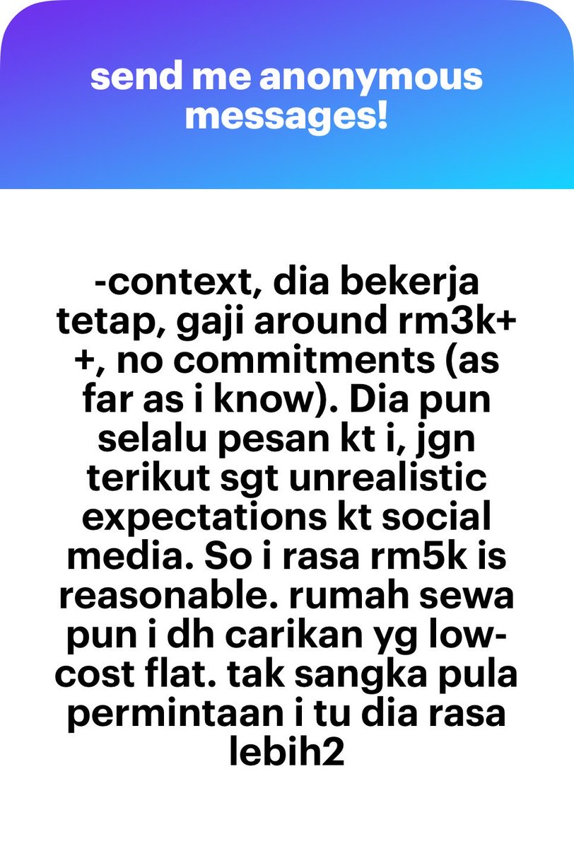 Cukifdesu's tweet photo. Katakanlah kalau dia jumpa ayah anon sekalipun, and ayah anon reject lamaran dia untuk kahwin dengan anon sebab dia tak mampu nak sewa low-cost flat (more like kedekut), rejection ayah anon itu valid dan munasabah.

Dia gold pun tak ada apa yang gold-diggernya. Anon kalau nak kenal dengan lelaki yang inshaAllah mungkin sedikit sebanyak boleh memenuhi permintaan anon, DM saya. Saya ramai kawan laki single.