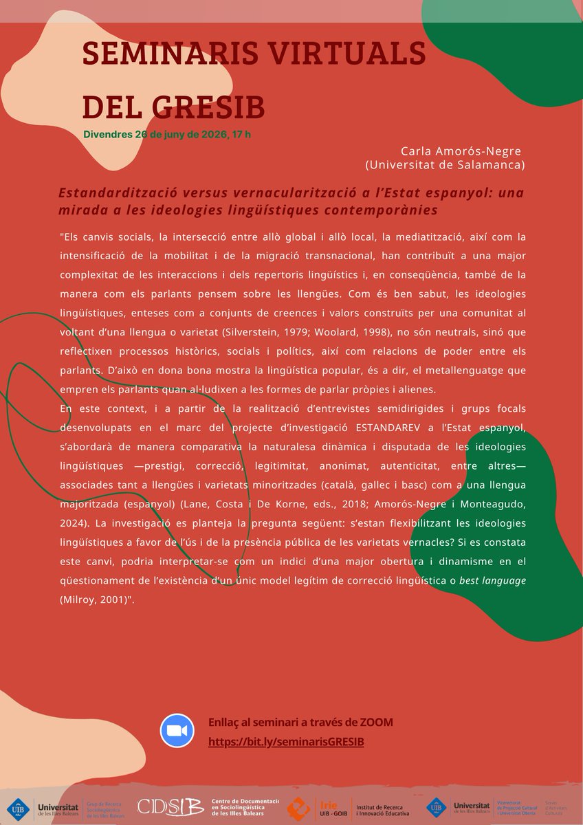 GRESIB_CDSIB's tweet photo. 🚨No et perdis el darrer seminari virtual del GRESIB del curs 2025-26:  

"Estandardització versus vernacularització a l'Estat espanyol: una mirada a les ideologies lingüístiques contemporànies"    

🗣️Carla Amorós-Negre. 📆Dv 26 juny, 17 h

Info i accés: https://t.co/LBWFYT4ZmM https://t.co/cX62siTVoc