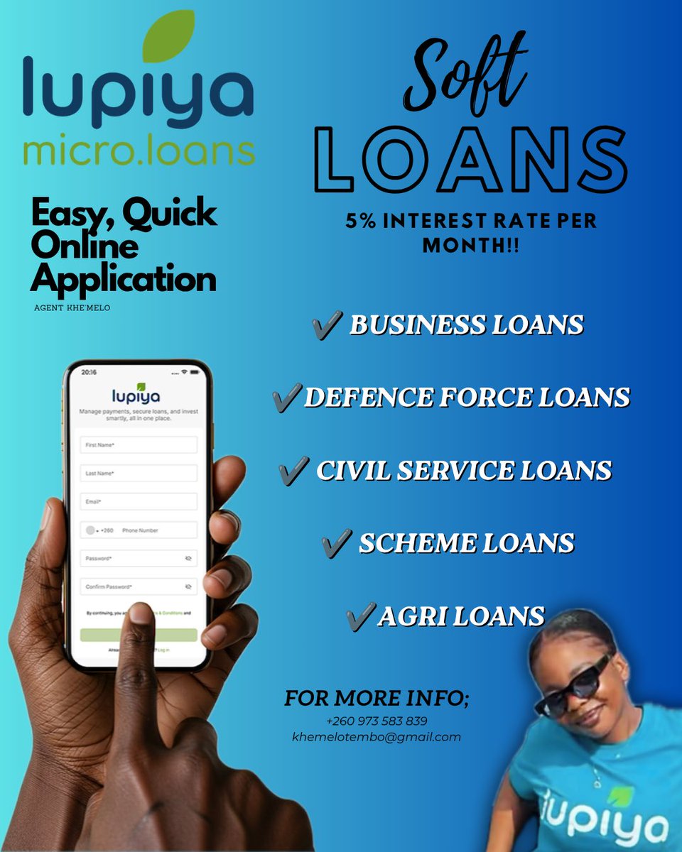 khe_melo's tweet photo. Your Dreams don’t have to wait for your salary!!💙

Whether you’re growing a business , investing in agriculture, or handling personal needs! Lupiya has a loan solution for you.

📲Easy application
⚡️Quick processing
💰Competitive rates

#JustLupiyaIt #LupiyaLoans #ZambiaBusiness https://t.co/JT7OnfGUC7